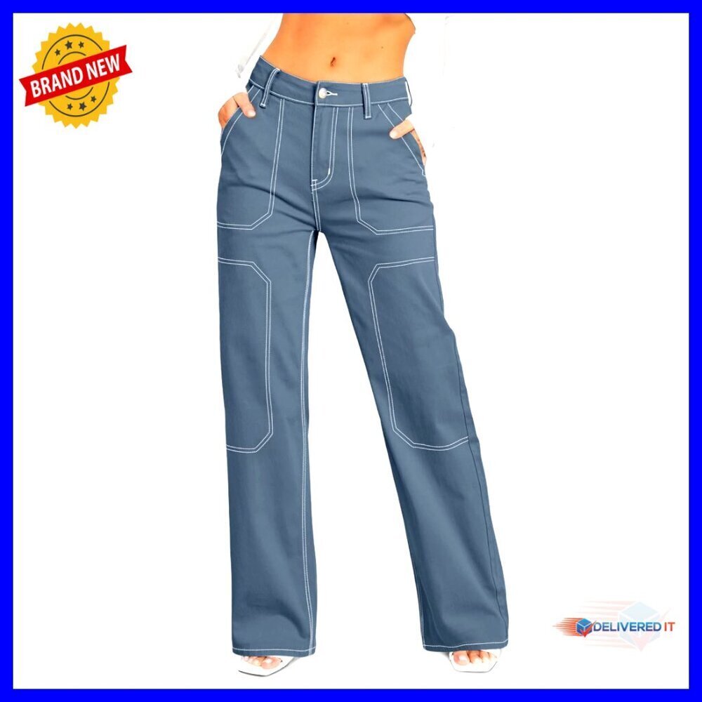 Casual Mid Waist Cargo Jeans Stretch Button Wide Leg Denim Pants Y2K